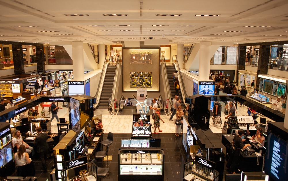 Picture taken above on a mall with several stores.