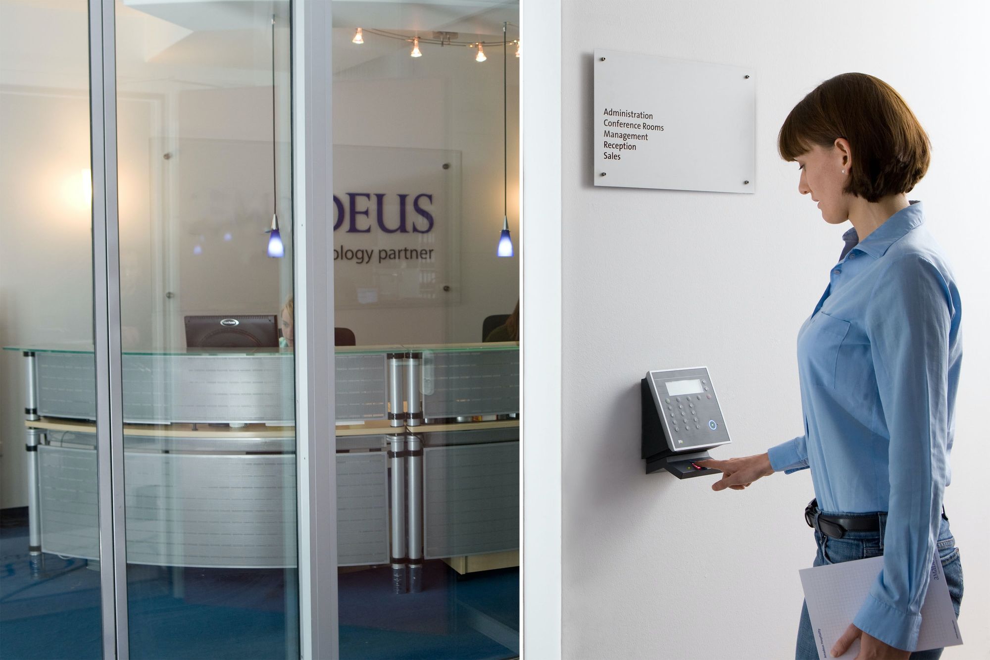 A person accessing an office through fingerprinting, a form of biometrics.